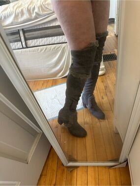 Charles David Over-the-Knee Faux Fur Trim Boots in Gray, size 11
